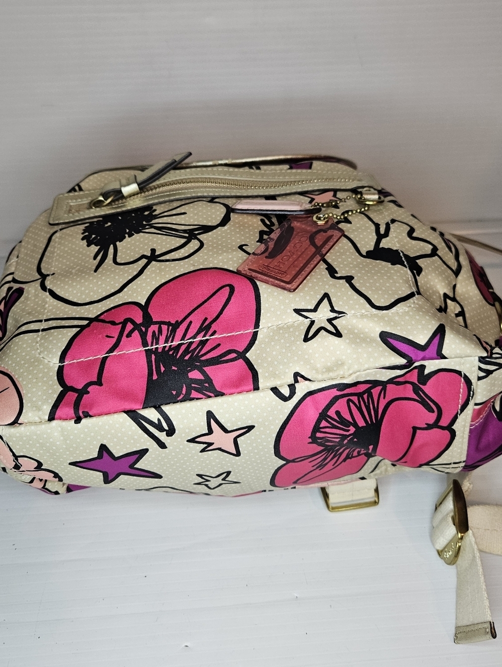 COACH Kyra Floral Poppy Print Backpack Pink White Purple Gold Tone Bag - Picture 8 of 16